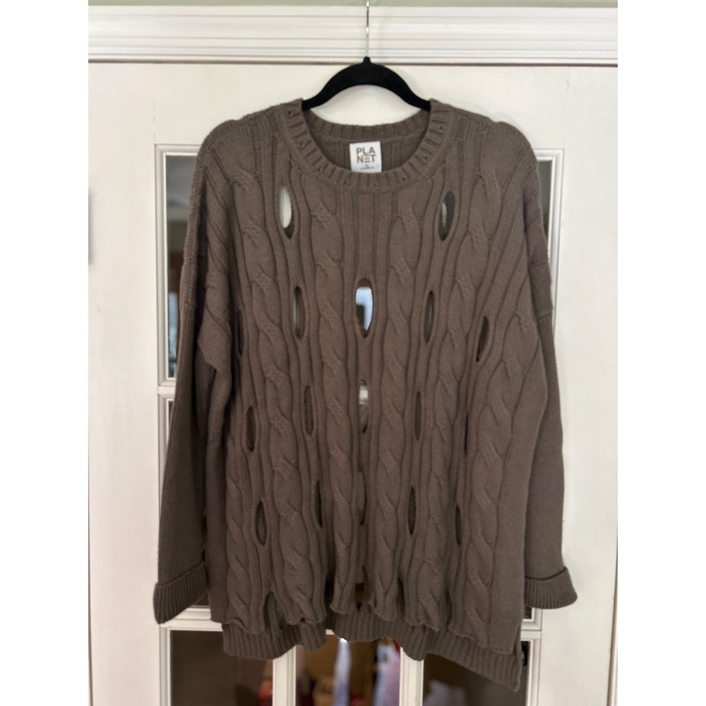 Planet By Lauren G. Cotton Boatneck Loden Olive sweater Holey One Size